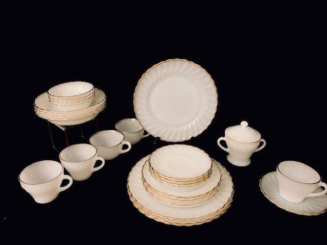Service for 4 Milk Glass Dinnerware: Beautiful vintage set of __ pieces of gold trimmed Milk Gas Dinnerware with swirl pattern and scalloped edges. 4 diner plates (. Inches), 4 salad plates (. Inches), and 4 fruit dessert bowls ( inches)