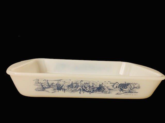 Glasbake Casserole Dish by Currier and Ives: Mint Condition vintage Glasbake casserole dish (J-263) 2 1/2 inches wide. Winter scene pattern on it by Currier ands Ives.