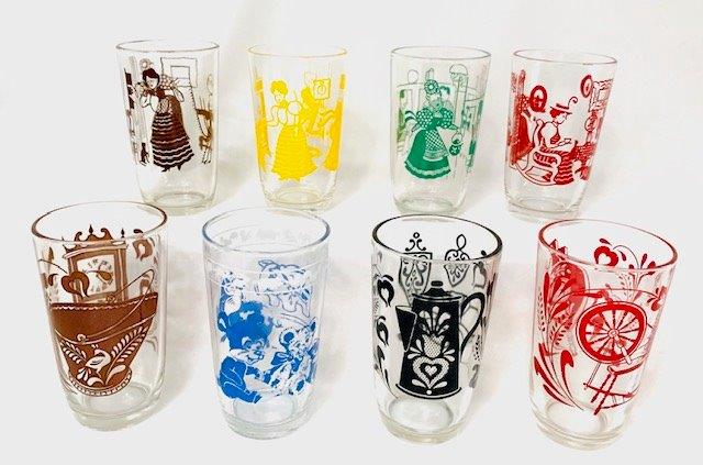 Collection of Mid Century Swanky Swigs: This is an awesome collection of eight vintage mid century swanky swig juice glasses including for bustling berries. This is an awesome collection of eight vintage mid century swanky swig juice glasse