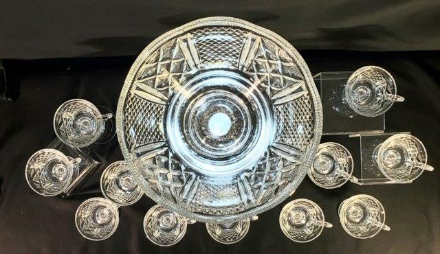 Vintage Pressed Glass Footed Punch Bowl: What a statement piece and great focal point for buffet that table. This bowl that is 1 foot tall and 14” diameter.