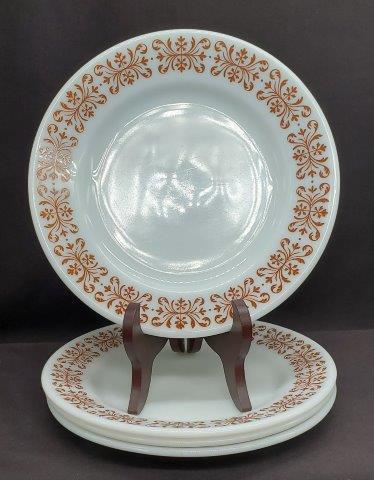 Pyrex Tableware by Corning Set of 4: Pyrex Tableware by Corning White Background, Brown Border Design 9" Dinner Plates Set of 4