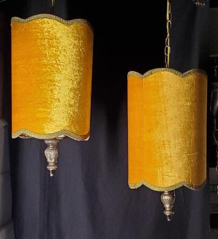 PAIR - MCM Velvet Swag Pendant Light Fixtures: PAIR - MCM Velvet Swag Pendant Light Fixtures 22" long x 11" diameter and the shade is 17" long x 11" diameter
