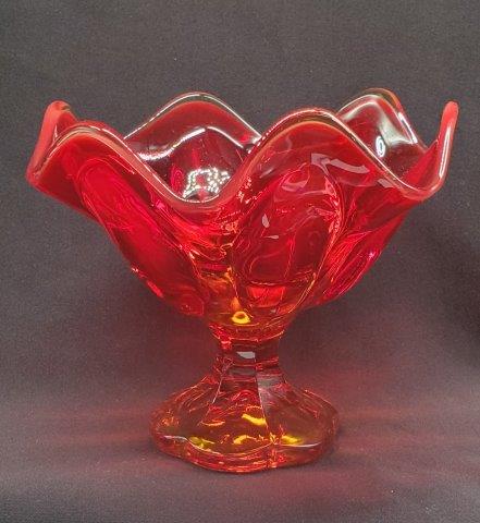 Vintage Colonial Orange/Red Glass Candy Dish: Vintage Colonial Orange/Red Glass Candy Dish; Ruffled Rim; collectable 5" tall x 6.5" diameter