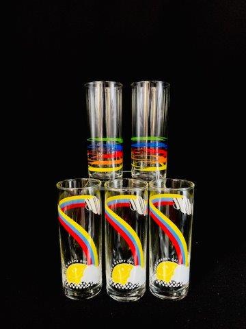 Five Rainbows and Sunshine Collins Glass: Fabulous set a five cooler glasses with rainbows and sunshine motif