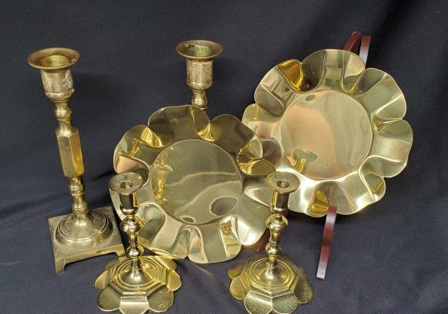 Six Brass Items 2- pair of Candlestick Holders and to (1 of 1)