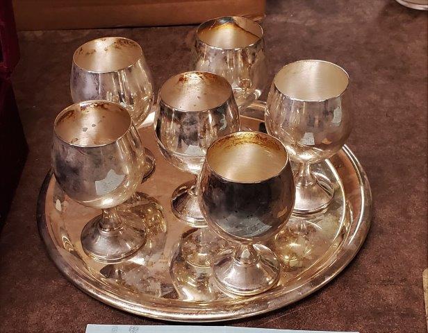 Silver Wine Glasses with Silver Tray: Set of 6 silver or silver plated; needs a good cleaning and shine