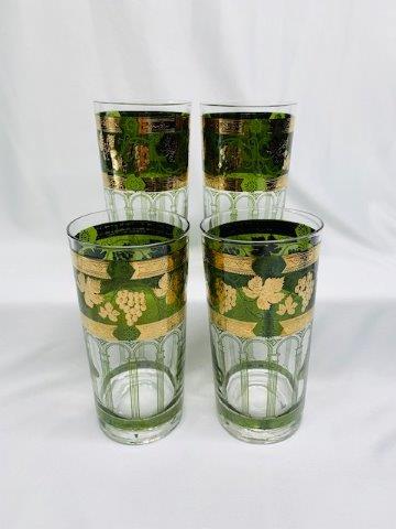 Set of Four Vintage Coro Tumblers: Gorgeous rich green tone with 22 karat gold trim and grape leaf design 5 3/4 inches tall