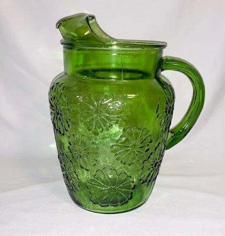 Mid-Century Vintage Ice Lip Pitcher: Vintage Avocado Green Glass w/ Embossed Daisies (10 in tall)