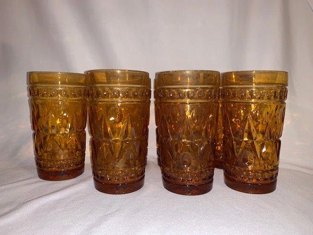 Vintage Amber Pressed Glass Tumblers: Mid-Century Set of 7 Vintage Amber Pressed Glass Tumblers (5 1/2 inch tall)