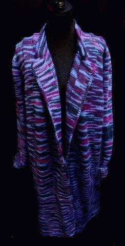 Vintage Hand Crocheted Duster Lounge Coat: Multi tone purple hues long vintage hand crocheted ladies duster/lounger coat. Great for those nights around the bonfire, pleading detail on shoulder and measures 20 inches across the shoulders, 28 in