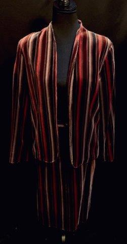 Vintage :Ladies Striped Skirt Suit: Vintage Tan F Jay Ladies Vertical striped skirt suit. This vintage heavy striped fabric is almost like a Valore the skirt is marked a 14 and the jacket is marked a 16 the skirt is 27 1/2 inches in len