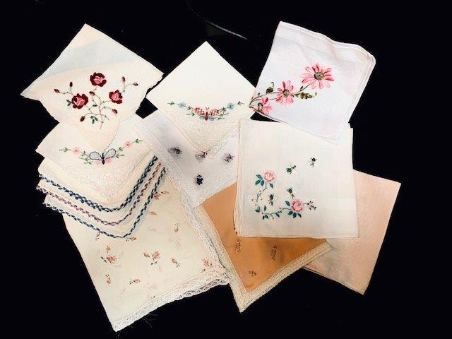 Vintage Handkerchief Collection: Collection of vintage handkerchiefs. This collection includes 14 individual ladies vintage handkerchiefs or with intricate embroidered detailing and or lace detailing.
