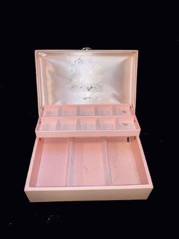 Pale Pink Vintage Jewelry Box: Pale pink vintage jewelry box measures 11 inches long 8 inches wide and 3 1/2 inches deep