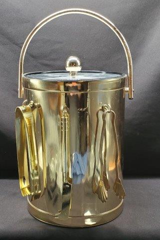 Vintage Goldtone Ice Bucket: Tall Vintage Ice Bucket with 3 hocks for your barware accessories. 2 tongs and strainer, 10 inches tall