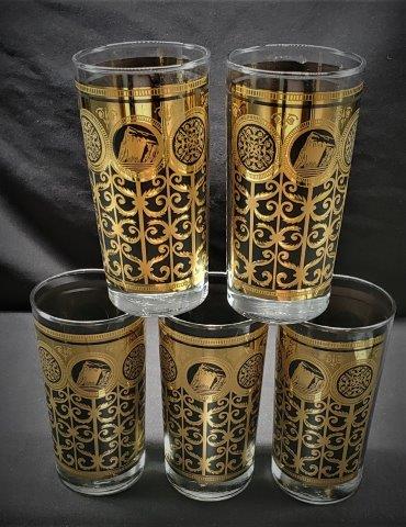 Mid Century Prudential Tumblers: Set of 4, 5.5 inches tall. Prudential tumblers in black 22kt gold,