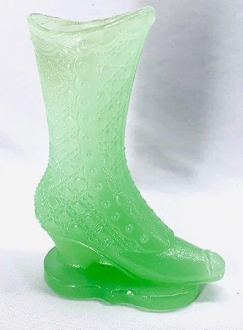 Vintage Jadeite Boot: Vintage jadeite glass boot measuring 5 1/2 inches tall.