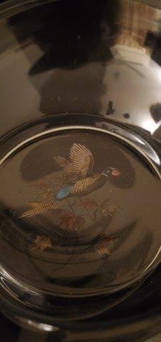 Vintage Pheasant Cigar Ashtray: Lovely weighted cigar ashtray depicting pheasant in a fight measuring 6 1/4 inches in diameter.