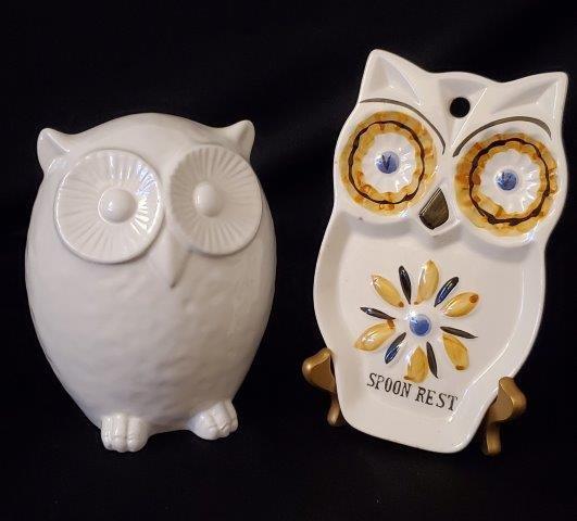 Owl Pairing: White ceramic owl measuring eight inches tall and kitschy owl spoon rest.