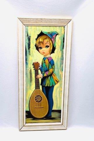 Mid Century Wall Art: Vintage 12x8 wall art of boy with instrument.