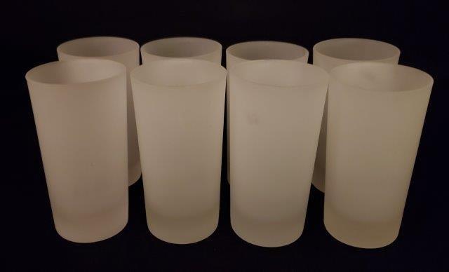 Vintage Frosted Glass Tumbler Set: Lovely set of eight tumblers in frosted glass measuring 5 1/2 inches tall. Matches 156 and 157.