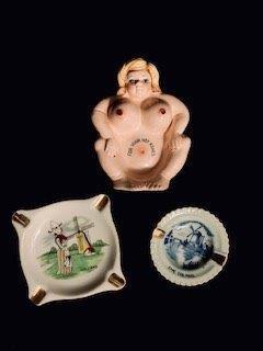 Trio of Vintage Ashtrays: Unique trio of ashtrays including figural lady and Cape Cod. Various size and shape.