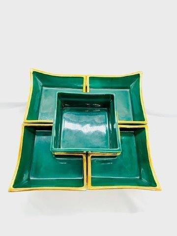 Vintage Mid Century Lazy Susan Pottery Server: Mint condition dark green with gold trim (no fading). Set of five pottery pieces that fit together on spinning wooden lazy Susan tray. Measurements are 13x13x5 1/2.