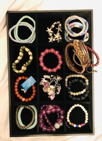 Grouping of Bracelets: Contents of tray (tray not included) 22 assorted bracelets of various shape, style, and design.