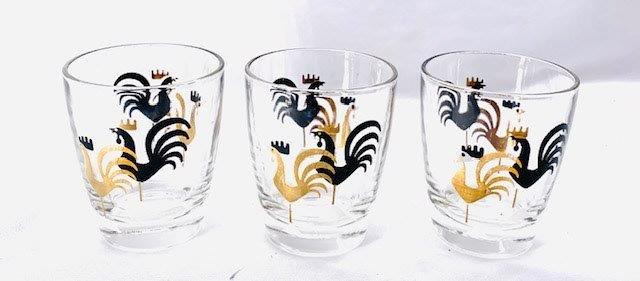 Black and Gold Rooster Shooters Trio: Three-inch single pour/shooter glasses with black and gold rooster design.