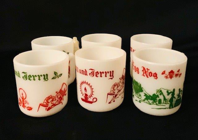 Mid-Century Milk Glass Mugs - 6: Classic mid-century milk glass mugs including Tom and Jerry and eggnog.