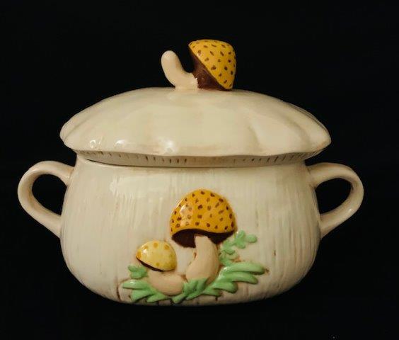 Large Vintage Mushroom Kitchen Canister: Iconic Kitchen Kitch! Two handled large ceramic mushroom canister measuring 11 1/2 inches handle to handle, nine inches tall and eight inches wide.