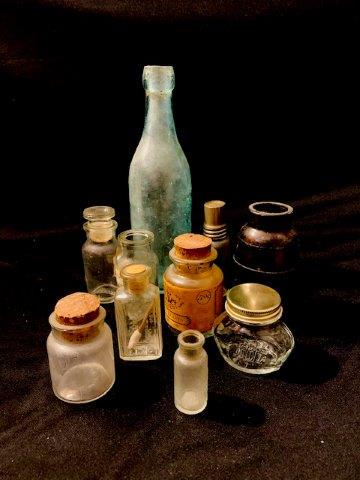 Collection of Assorted Vintage Bottles and Apothecary: Great collection of estate fresh collectible bottles and apothecary jars of various shapes, sizes, and makes. Total of 11 pieces.