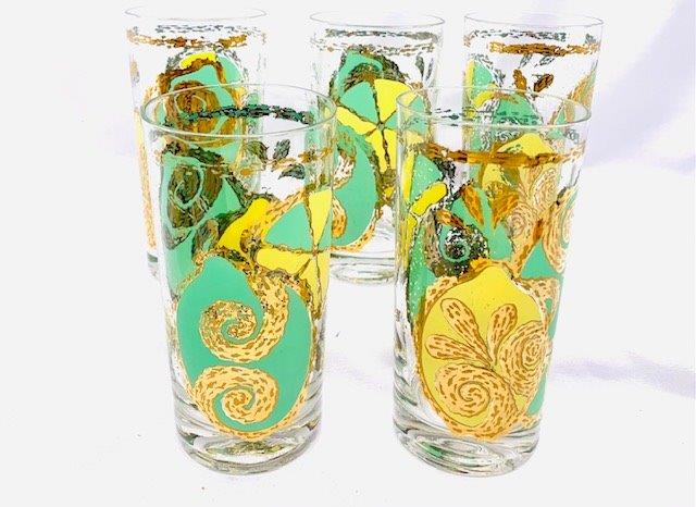 Set of Five Vintage Gold Trim Tumblers: Unique green/yellow swirl design (5) 5 1/2 inch tall tumblers.