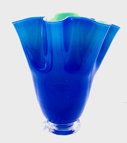 Large Blue and Green Handkerchief Vase: Beautiful deep blue with greenish interior, this handkerchief vase measures 11 inches tall amd 9 inches wide with clear base.