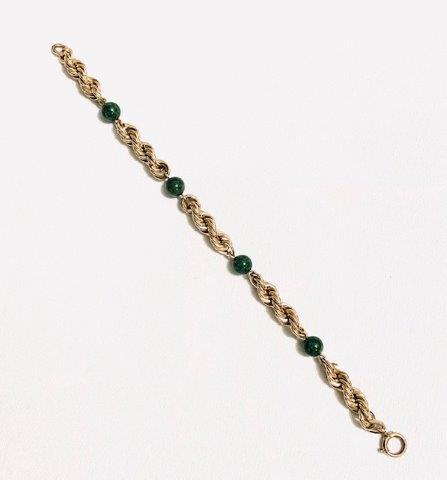 Vintage 12KT Gold with Adventurine Bead Bracelet: Beautiful 12KT Gold rope with green adventurine beads. Measures 7 inches in length.