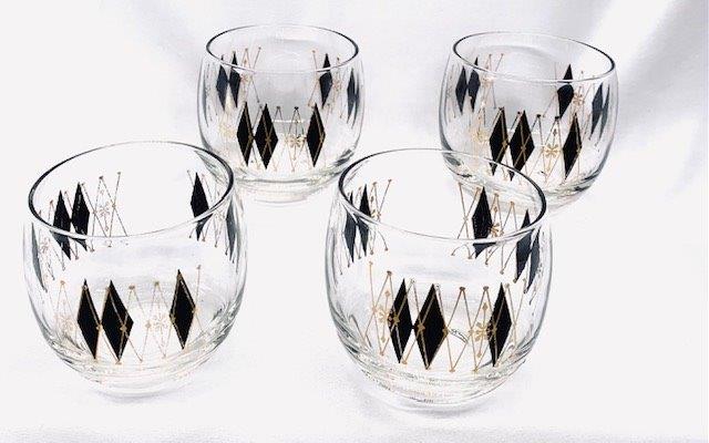 Vintage Mid-Century Black and Gold Roli Poli: An amazing vintage find! These four vintage atomic mid-century black and gold diamond pattern Roli Poli glasses are a must have. Perfect Condition.