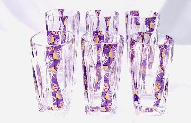 Set of Six Atomic Snowflake Tumblers: Amazing set of six atomic snowflake tumblers with purple accent color. These clear glass square to round flare tumblers have a unique design.
