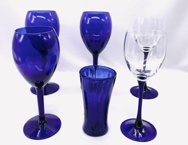 Collection of Cobalt Blues - 6 Pieces: Beautiful deep cobalt blue. Three goblets, one hand-blown juice glass, and two Luminarc cobalt stemmed wine glasses.
