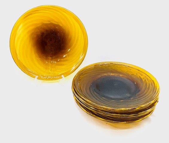 Set of Six Hand-Blown Glass Plates: Gorgeous set of six hand-blown glass plates. A truly unique root beer/cream soda color with swirled pattern. Measures 10 inches in diameter.