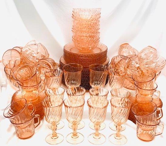 Massive Pink Swirl Glassware Set - 120+ Pieces: Huge grouping of the pink swirl glassware by Fortechrista and Arcoroc. Over 120+ pieces including two large serving bowls, coffee cups and mugs, as well as wine glasses. No chips or scratches to note.