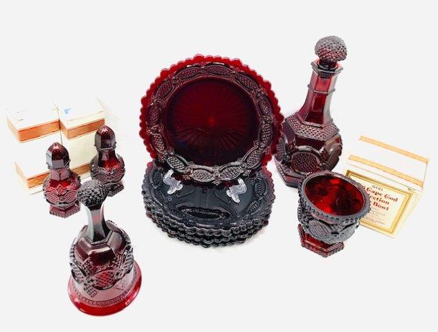Vintage Avon Ruby Red Cape Cod Dishware - 10 Pieces: Ten perfect pieces of Avon's iconic ruby red Cape Cod dishware - includes original boxes for salt and pepper and sugar bowl.