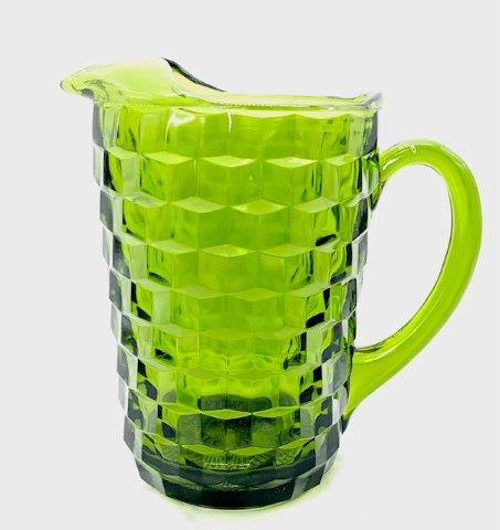 Vintage Avocado Green Cubist Pitcher: Classic weighted avocado green glass 9-inch pitcher.