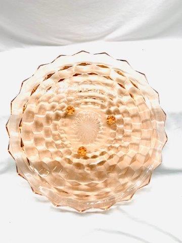 Vintage Fostoria Pink Cubist Cake Plate: Three-toed footing measuring ___ inches in diameter and ___ inches tall.