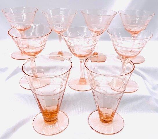 Grouping of Pink Etched Depression Glass Stemware: Lovely romantic floral etched pink depression stemware. Total of 9 pieces.