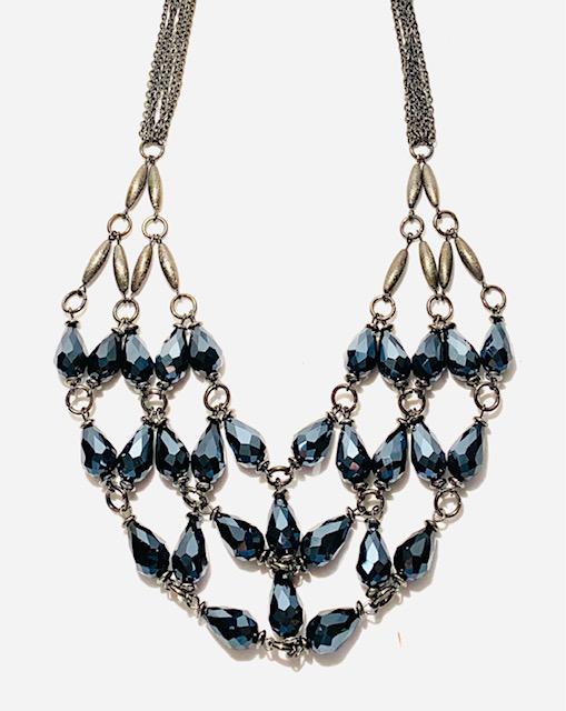 Faceted Indigo Blue Bead Bib Necklace: Fantastic eveningware necklace with metallic indigo faceted beads. Adjustable 16-20 inches. All Items generally inspected during cleaning for damage etc. All items are in good wearable/sellable condit