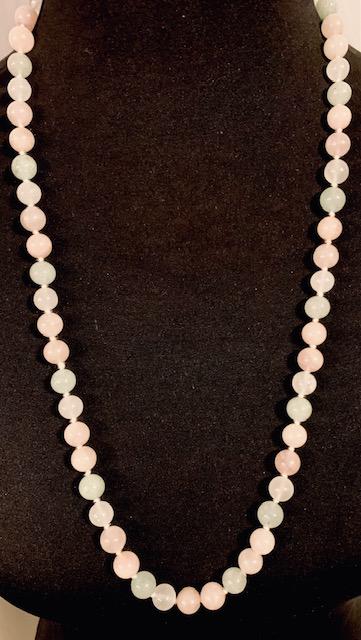 Romantic Pastel Jade Pearl Necklace: Lovely hand-knotted Jade pearl single strand 28-inch necklace. All Items generally inspected during cleaning for damage etc. All items are in good wearable/sellable condition unless otherwise noted. A