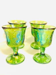 Set of Four Vintage Green Carnival Glass Goblets by