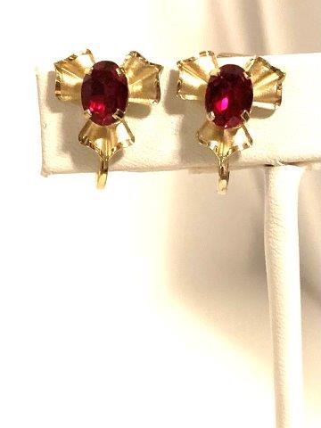 14 KT Gold Stamped Vintage clip earrings with rich red (1 of 6)