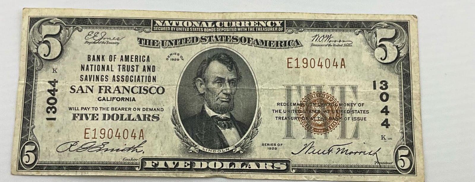 Five Dollar Bill Bank Of America National Trust & Saving Association San Franciso E19404A (1 of 2)
