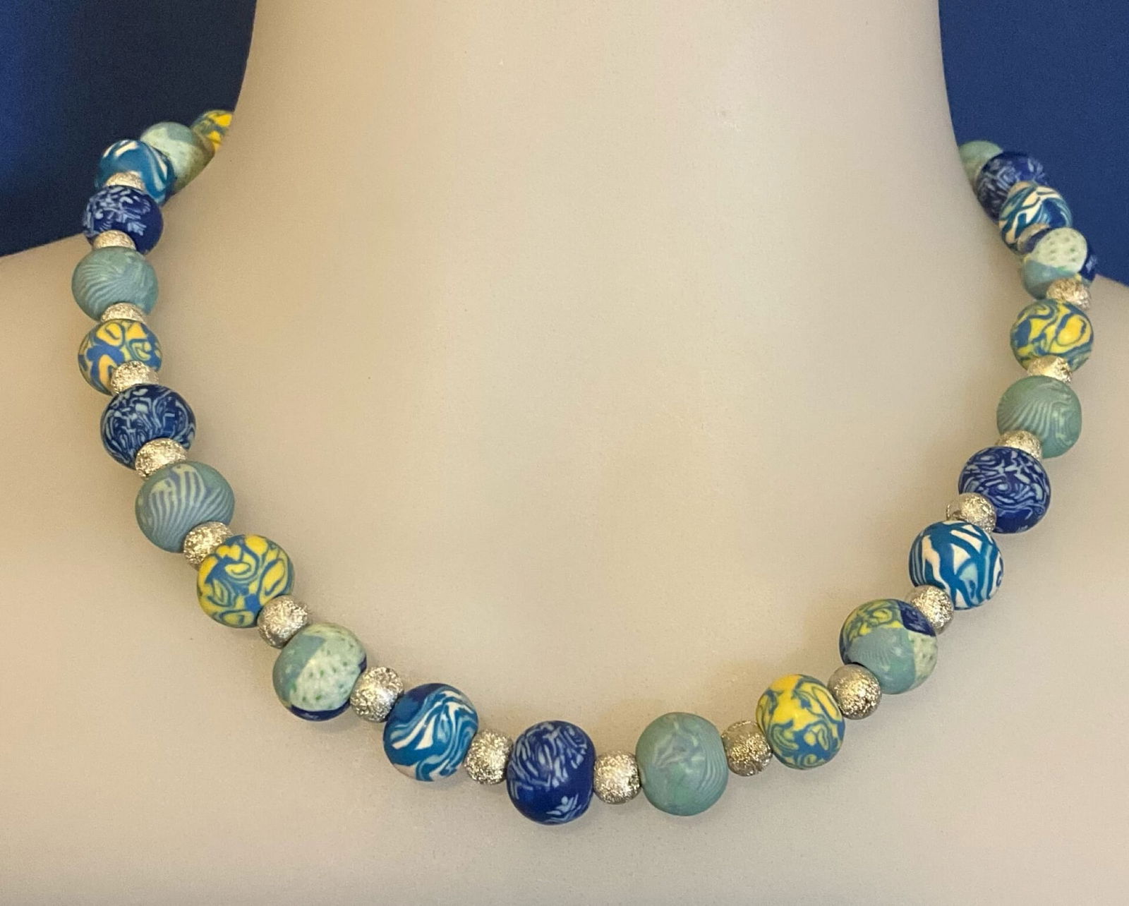 Cornflower Blue Millefiori Polymer Clay Short Necklace 16" long: Cornflower Blue Millefiori Polymer Clay Short Necklace 16" long