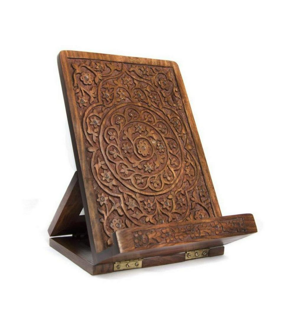 Carved Rosewood Tablet & Book Easel: Carved Rosewood Tablet & Book Easel features a floral Mandala cutwork design on the front and stand. The stand can hold tablets, books, magazines, or art.
